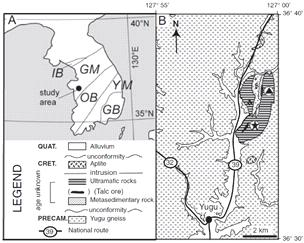(A) 한반도의 지체구조(IB: 임진강대; GM: 경기육괴; OB: 옥천대; YM: 영남육괴)와 암석이 산출된 유구(검은 점). (B) 암석이 산출된 지역 (검은 선)