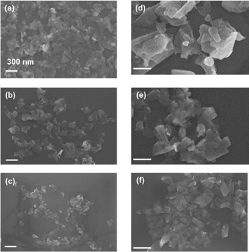 다양한 조건에서 원심 분리된 MoS2 및 WS2 nanosheet에 대한 FE-SEM 이미지. MoS2 nanosheet에 대해서, (a) 5000 rpm, 15 분, (b) 5000 rpm, 30 분, (c) 10000 rpm, 15분. WS2 nanosheet에 대해서, (d) 5000 rpm, 15 분, (e) 5000 rpm, 30 분, (f) 10000 rpm, 15분. 모든 이미지에 대해서 축척자는 300 nm를 의미함