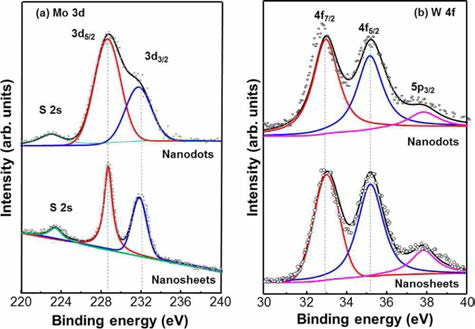 MoS2 및 WS2 nanosheet와 nanodot에 대한 (a) Mo 3d 및 (b) W 4f SRPES 스펙트럼