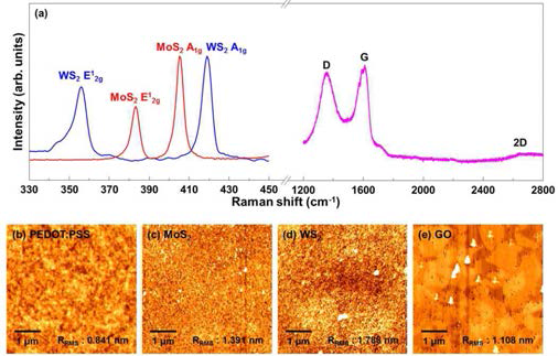 (a) MoS2, WS2, GO의 Raman spectra 및 (b-e) MoS2, WS2, GO, PEDOT:PSS의 AFM 이미지와 RMS roughness값