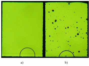 녹색 OLED 소자의 제작 후 발광 이미지. a)는 제작 직후(0시간), b)는 2시간 경과 후