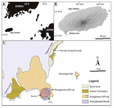 Location map (A) and digital elevation model (B) of Jeju Island, and the geology (C) of the southwestern part of Jeju Island. After Park et al. (2000)