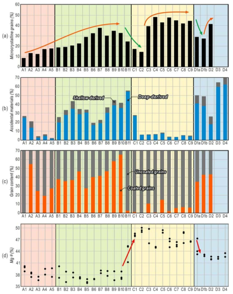 Vertical variations in componentry in Songaksan tephra. a Variations of the proportion of tachylite and intermediate grains relative to sideromelane grains, overall increasing up-section but with two drops across the boundaries between Units B, C, and D. b Variations of the accidental componentry. The shallow-derived accidentals include crystalline lava and tuff fragments from the underlying lavas and the Seoguipo Formation. The deep-derived accidentals include mono- to polycrystalline quartz grains and other accessory mineral grains derived from the U Formation and the basement rocks. c Variations of the proportions of ash-coated versus uncoated tephra grains. d Variations of the magnesium number of the glassy groundmass of tephra grains, suggesting three magma pulses. First pulse=sample A1 to B10, second pulse=sample B11 to C9, third pulse=D1 to D4