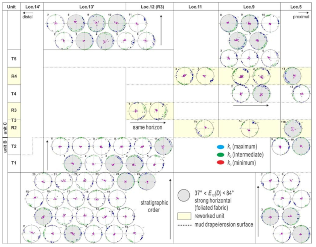 Whole AMS patterns of unit B and C in Songaksan Tuff Ring, yellow area indicates intercalated storm-surge reworked deposits within primary tuffs. Grayish stereonets shows strong horizontal magnetic fabric