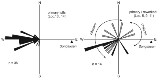 Rose diagram of paleoflow directions induced from the maximum magnetic susceptibility (k1 axe). Flow directions are incompatible with processes at vent, which indicate reworked tuffs they have either onshore- (NE- to SE-directed) or offshore-directed (NNW- to SSW-directed)