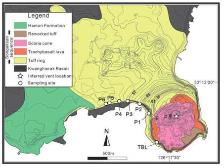 Geologic map (Park et al., 2000) around Songaksan in the southwestern coast of Jeju Island, Korea, showing the locations of sampling sites (P1 to P6, juvenile and lithic fragments within the Songaksan tuff ring; TBL, the ponded trachybasalt lava)