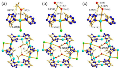 Ball-and-stick diagrams of the single crystal structures of (a) MeOH-bound 1a at 173 K, (b) CO2-bound 1a at 195 K, and (c) CO2-bound 1a at 296 K