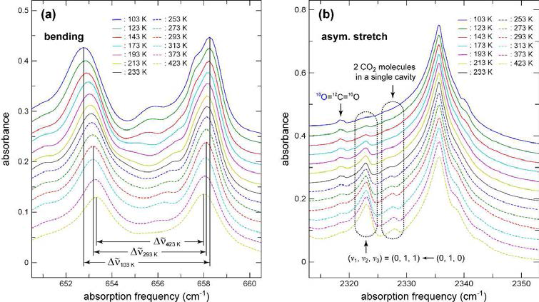 Temperature- and CO2 concentration-dependent FT IR spectra of 1a filled with 12CO2. (a) Spectra in the bending region of 12CO2. (b) Spectra in the asymmetric stretch region of 12CO2