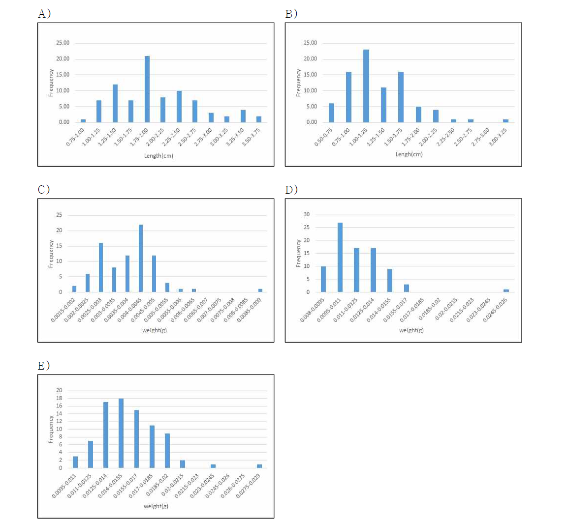 A) 뿌리 길이의 분포도, B) 줄기 길이의 분포도, C) 뿌리 생체중의 분포도, D) 줄기 생체중의 분포도, E) 생체중의 분포도