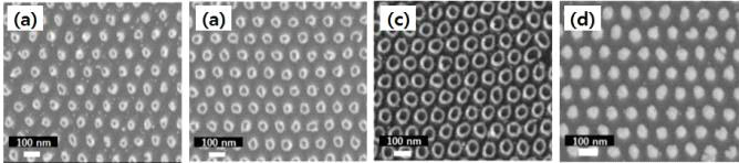 지름 및 간격 등이 제어되어 접촉-인쇄된 (a)-(c) 금촉매 나노링과 (d) 금촉매 나노닷의 SEM 이미지
