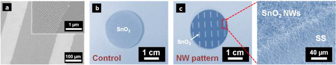 (a) 금속 촉매층의 선택적 증착을 통해 기판 위에 선형 패턴을 보이며 전사된 금 나노닷 어레이, 박막 seed layer를 이용하여 (b) 패턴 없이 성장된 SnO2 나노선 및 (c) 선형패턴으로 성장된 SnO2 나노선