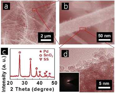 (a),(b) 팔라듐이 담지된 SnO2 나노구조물의 SEM 이미지 및 (c) XRD 패턴, (d) HRTEM 이미지