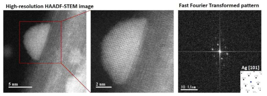 Ag 후처리된 망간 산화물 나노와이어 표면 입자의 HAADF-STEM 분석