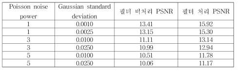 복원된 phantom 영상의 잡음 크기에 따른 PSNR