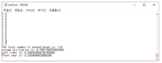 최종 결과 텍스트 파일에 포함된 패킹된 박스 수, 최종 적재율, 좌우 하중 균형