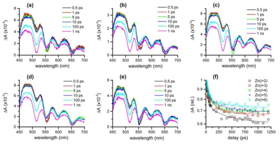 펨토초 흡수 분광법을 이용한 포피린-펩토이드 복합체: (a) Zn(i+2) ~ (e) Zn(i+6) 에서의 에너지 전달 측정 결과 (f) 474 nm의 들뜬상태 흡수밴드의 시간 변화 비교