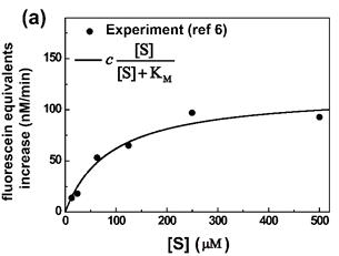 실험결과와 이론의 비교. 단일 효소반응에서 기질의 농도에 따라 생성물의 개수가 변하는 양상을 보여준다. 실험데이터는 β-galactosidase라는 효소를 매우 부피가 작은 물방울 안에서 기질분자와 반응시켜 얻어졌다. 생성물의 개수 증가는 기질의 농도([S])에 의존하고, 실험데이터와 새로 제시한 모델이 일치함을 보여준다. c는 비례상수이고, KM은 Michaelis-Menten 상수로 알려져 있으며, 효소반응에서 생성물이 생성되는 반응속도와 연관이 있는 양으로, 이론을 통해 KM을 추출한 결과 이전에 알려진 값들과 비슷한 것을 확인하였다