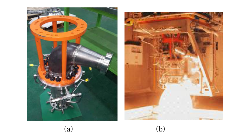 연소시험 적용 내산화 코팅 특성 평가 (한국항공우주연구원 시험 및 사진 제공) (a)다단 연소사이클 엔진의 연소기, (b)연소시험