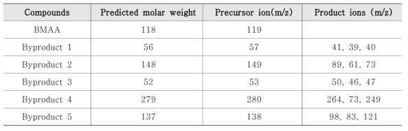 UV/H2O2에 의한 BMAA의 분해부산물 fragmentation 결과