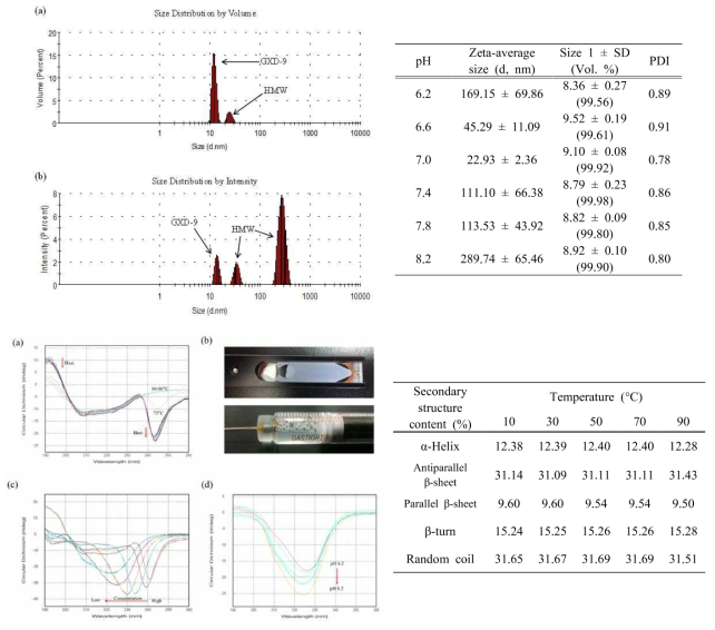 hyFc fusion protein 모델약물에 대한 DLS (dynamic light scattering) 평가결과 (위) 및 다양한 조건 (온도, 단백질 농도, pH)에서 평가된 CD 결과 (아래) (2016, Int J Pharm)