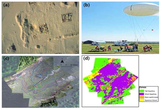 (a) 고고학에 활용한 사례(Egypt-Amarna project). (b) Tethersonde를 연구한 사례(Millersville University, Atmospheric Research and Aerostat Facillity), (c) 염습지에서의 침수주기를 규명하기 위한 연구 사례(University of SOUTH CAROLINA). (d) 하구의 식생분포 및 면적 연구에 대한 적용 사례(University of SOUTH CAROLINA)