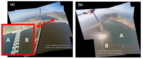 (a) 수문 개방 전 관측된 이미지(A: 방조제 외부 B: 방조제 내부) (b) d 수문 개방 후 관측된 이미지, 서로 다른 특성의 수괴가 만나 Front를 형성(A: 외부해수 B: 내부해수)