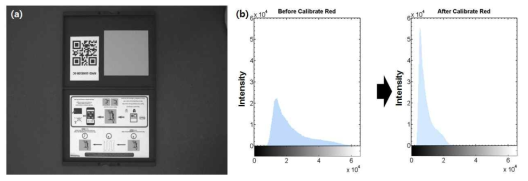 (a) 본 연구에서 사용된 복사보정판 (b)복사보정판을 이용하여 이미지 복사보정을 수행한 히스토그램 결과
