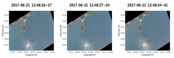 본 과제에서 제시한 저고도 원격탐사 시스템으로 관측한 연속된 이미지로부터 MCC 알고 리즘을 사용하여 해류벡터를 산출한 예시(새만금 연안, 2017.06.21.)