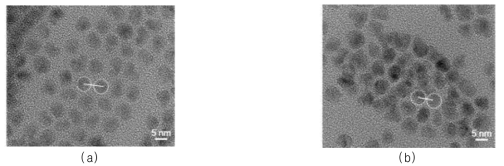 Bromide anion을 이용한 양자점 표면개질에 따른 TEM 이미지; (a) OA-capped QDs, (b) Br-capped QDs