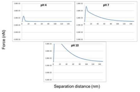 DLVO 이론을 통해 계산한 pH에 따른 힘-거리 곡선 (Hydrophobic interaction 제외)