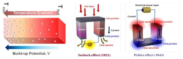 제벡 효과를 이용한 열전발전과 펠티에 효과를 이용한 열전냉각의 원리
