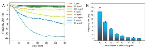 산화 아연 나노선의 농도별 실시간 검출 결과(A)와 농도별 평균 공진주파수 변화와 표준편차(B)