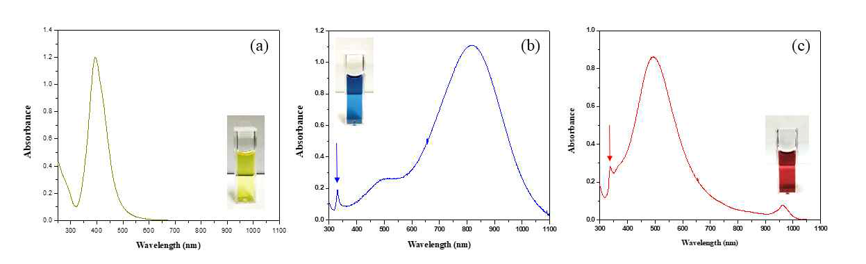 은 나노입자의 SPR 흡수 스펙트럼과 색상 : (a) Ag NSs, (b) Ag NTs 및 (c) Ag NDs