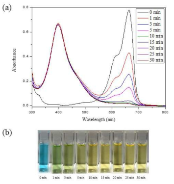 Ag NSs의 MB에 대한 시간에 따른 촉매 반응 : (a) UV-Vis 스펙트라와 (b) 색상 변화