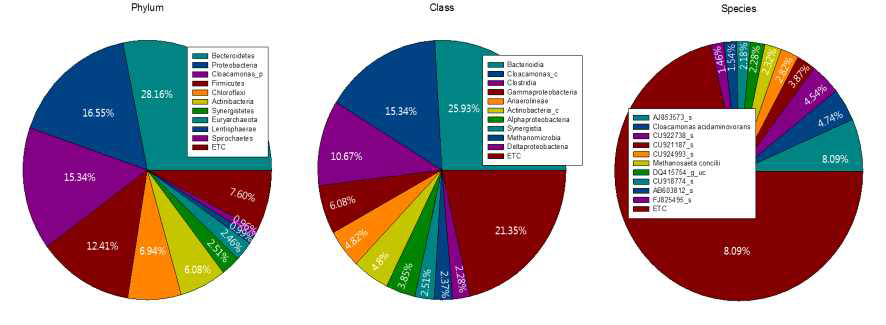 Percentage of (a) phylum, (b) class and (c) species for bacteria in the bioelectrochemical anaerobic digester at 0.7V, 6sets