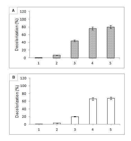 Decolorization percentage of AZB (A) and RO16 (B) by PAA. 1.control, 2. HCL as acid control (10 mM), 3. PAA treated (2.5 mM), 4. PAA treated (5 mM), 5. PAA treated (7.5 mM)