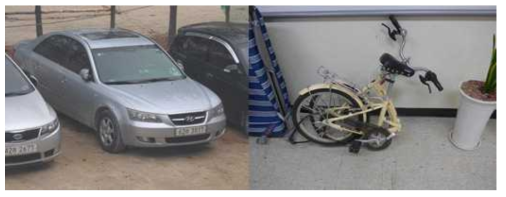 시료 채집에 이용된 (a) 차량 및 (b) 접이식 자전거