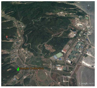 월성 원자력 발전소 홍보관 건물에서 약 1 km 떨어진 시료 절삭 장소(녹색 표식)
