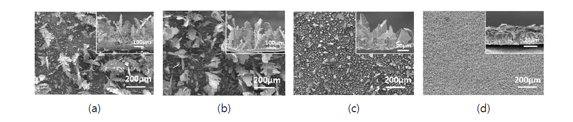 다양한 SnO 첨가제 농도 하에서 40 mA/cm2 의 전류 밀도를 인가하여 형성시킨 아연 전해 도금층의 전자현미경 사진. (a) 0, (b) 10-4, (c) 10-3, (d) 3×10-3 M SnO