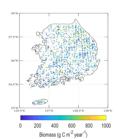 5차기와 6차기 국가산림자원 조사 자료를 바탕으로 추정한 4km 격자의 바이오매스 생장량