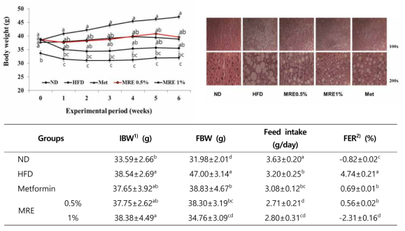상백피 추출물 급여에 체중 및 식이섭취량, 식이효율 1)IBW: initial body weight: FBW: final body weight. 2)FER (feed efficiency ratio): body weight gain (g)/ feed intake (g) × 100