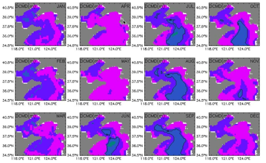 Climatological mean field of the past 30 years (1981~2010) in the Yellow Sea - monthly mean depth of Chlorophyll_a maximum(m)