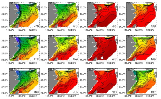 Climatological mean field of the past 30 years (1981～2010) in the East China Sea - monthly mean surface temperature(℃)