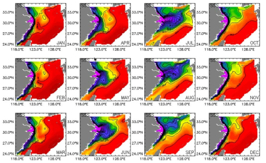 Climatological mean field of the past 30 years (1981～2010) in the East China Sea - monthly mean surface salinity(PSU)