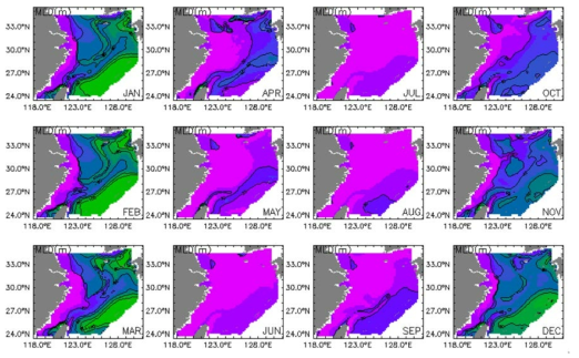 Climatological mean field of the past 30 years (1981～2010) in the East China Sea - monthly mean mixed layer depth(m)