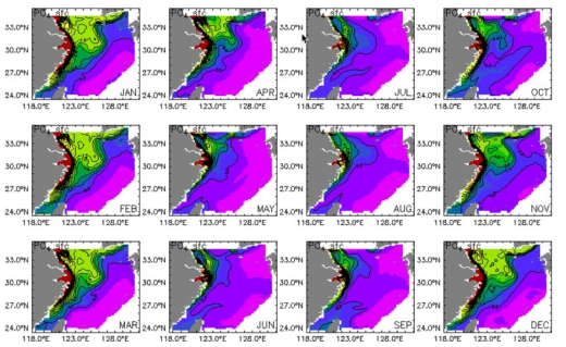 Climatological mean field of the past 30 years (1981～2010) in the East China Sea - monthly mean surface phosphate(mmol P/m3)