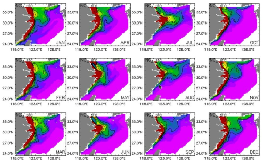 Climatological mean field of the past 30 years (1981～2010) in the East China Sea - monthly mean surface nitrate(mmol N/m3)