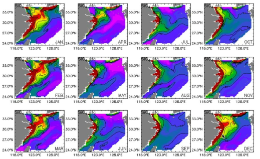 Climatological mean field of the past 30 years (1981～2010) in the East China Sea - monthly mean surface silicate(mmol Si/m3)