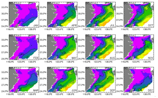 Climatological mean field of the past 30 years (1981～2010) in the East China Sea - monthly mean depth of chlorophyll_a maximum(m)