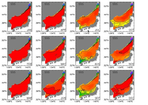 Climatological mean field of the past 30 years(1981～2010) in the East Sea - monthly mean surface salinity(PSU)